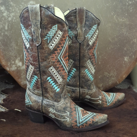 CORRAL E1037 snip toe distressed leather Aztec/Southwest cowgirl boots sz 8 NEW - Picture 2 of 16